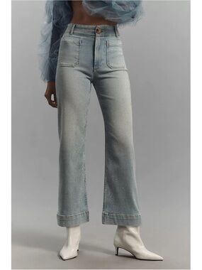 Anthropologie Maeve Colette Rhinestone High-Rise Wide-Leg Cropped Jeans in Blue